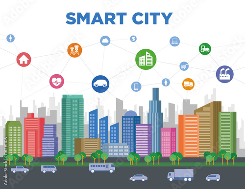 smart city concept illustration, colorful urban building and various technology icons, smart grid, IoT(Internet of Things), ICT(Information Communication Technology)