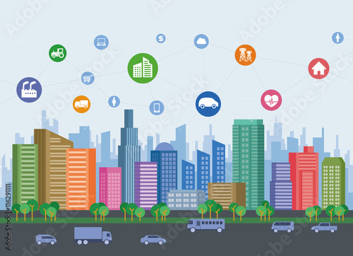 smart city concept illustration, colorful urban building and various technology icons, smart grid, IoT(Internet of Things), ICT(Information Communication Technology)