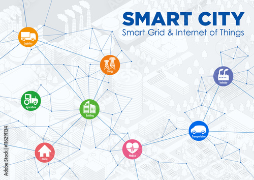 smart city line drawing illustration with various technological icons, futuristic cityscape and modern lifestyle, smart gird, IoT(Internet of Things), ICT(Information Communication Technology)