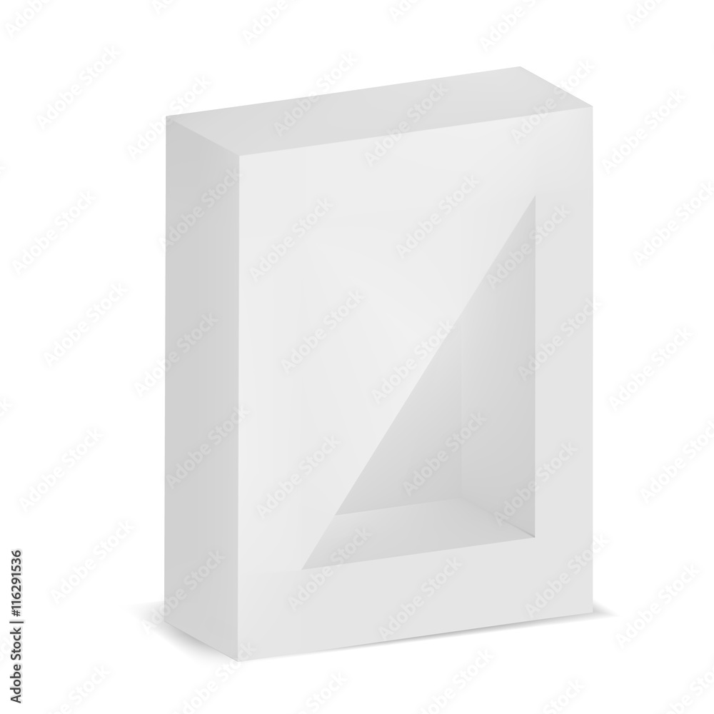 VECTOR PACKAGING: White gray package box with front triangular window on isolated white background. Mock-up template ready for design VECTOR PACKAGING: White gray package box with front triangular window on isolated white background. Mock-up template ready for design