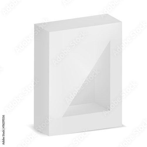 VECTOR PACKAGING: White gray package box with front triangular window on isolated white background. Mock-up template ready for design