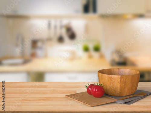 Canvastavla wooden counter top with tomato and wooden bowl in kitchen