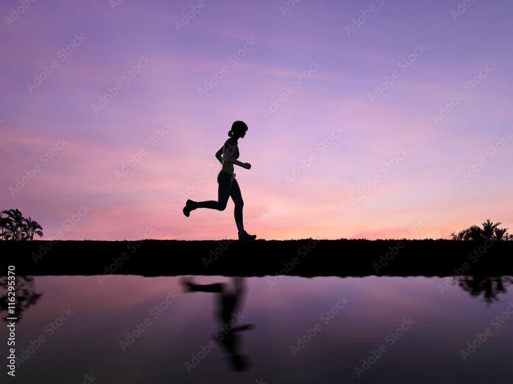 silhouette woman running on twilight background
