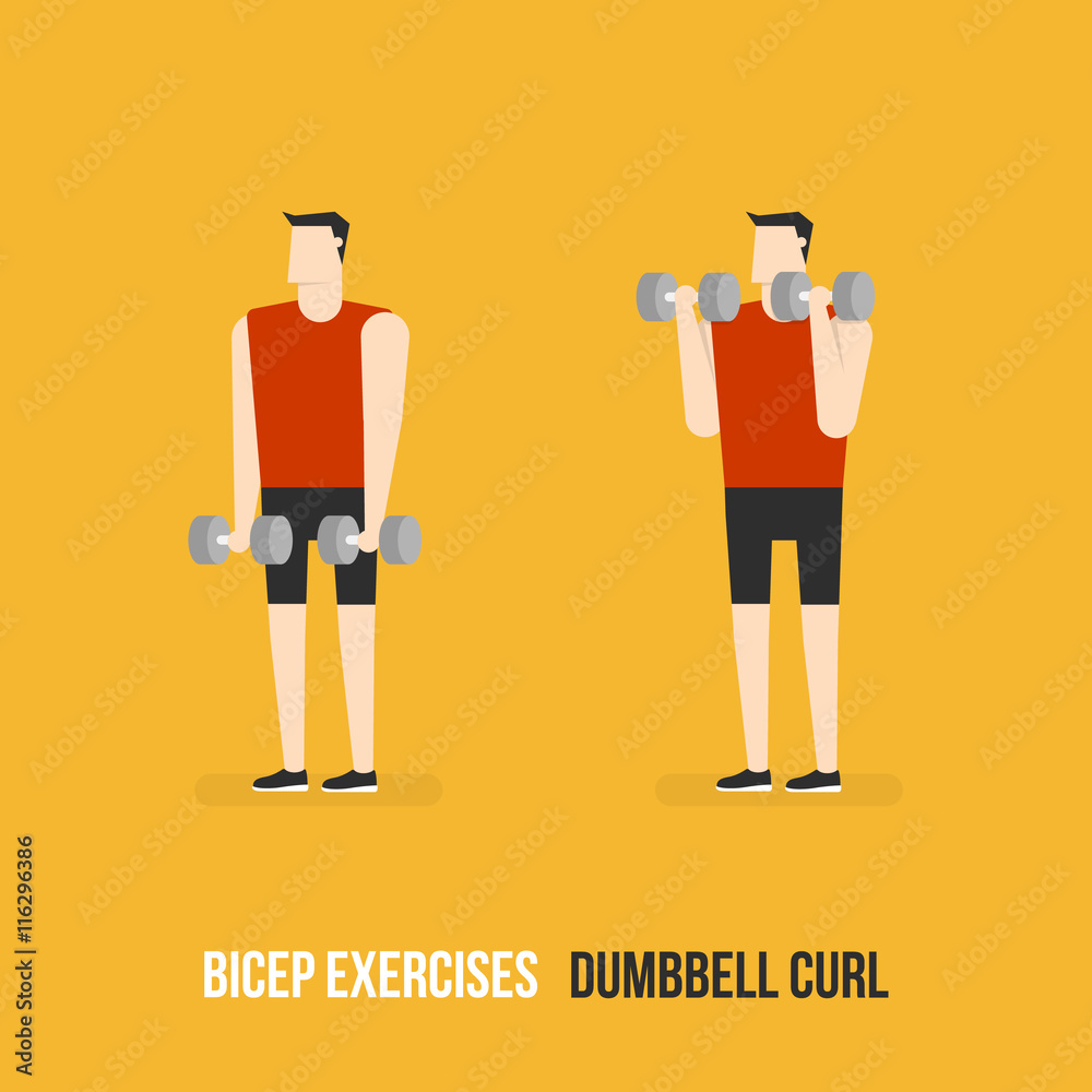 Bicep Exercises. Dumbbell Curl. Flat Design Bodybuilder Character Lifting Dumbbell.