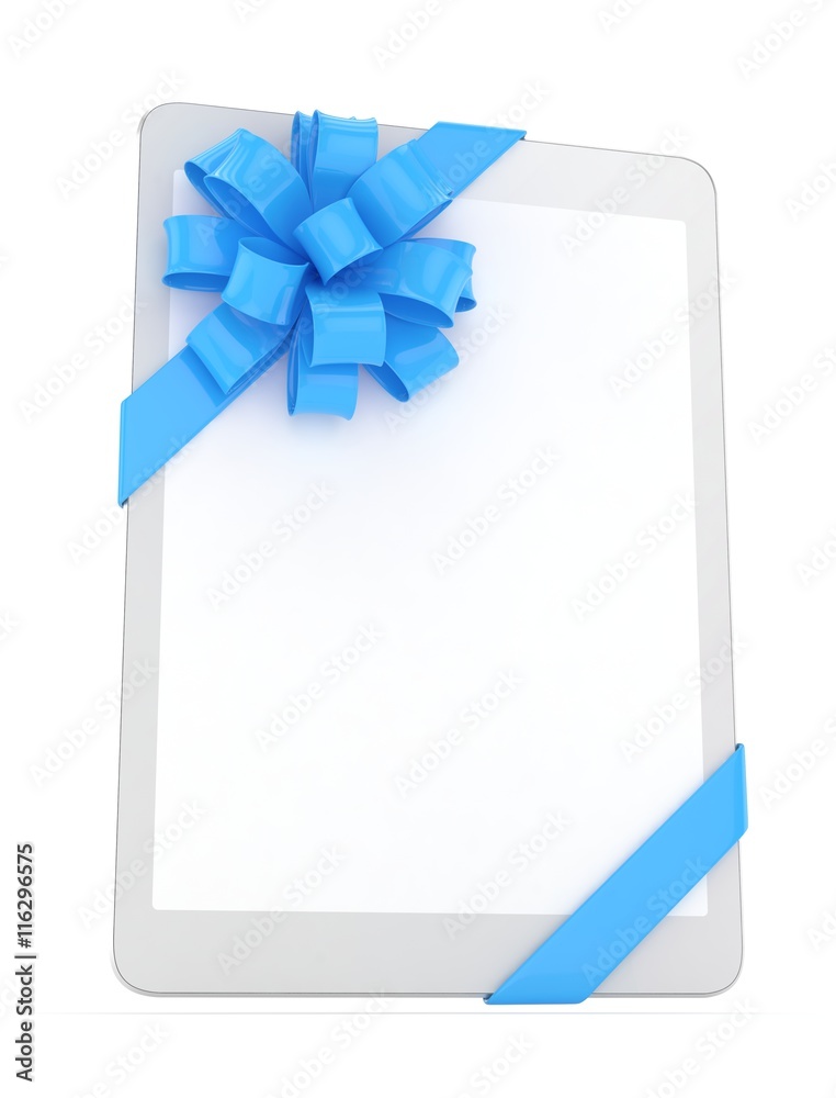 White tablet with blue bow. 3D rendering. White tablet with blue bow. 3D rendering.