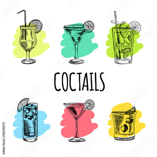Set of cocktails and alcohol drinks. Sketch.