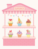 Illustration pink cute various ice-cream cone  house booth and kiosk for cafe shop. 