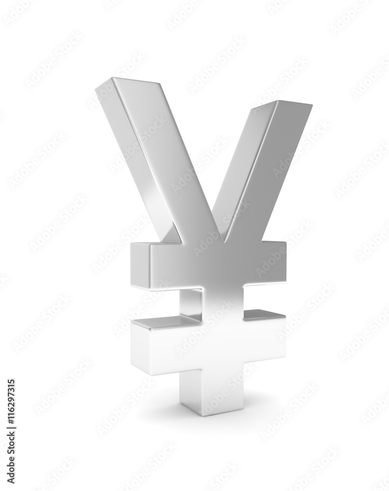 Obraz premium Isolated silver yen yuan sign on white background. Chinese japanese currency. Concept of investment, asian market, savings. Power, luxury and wealth. 3D rendering.