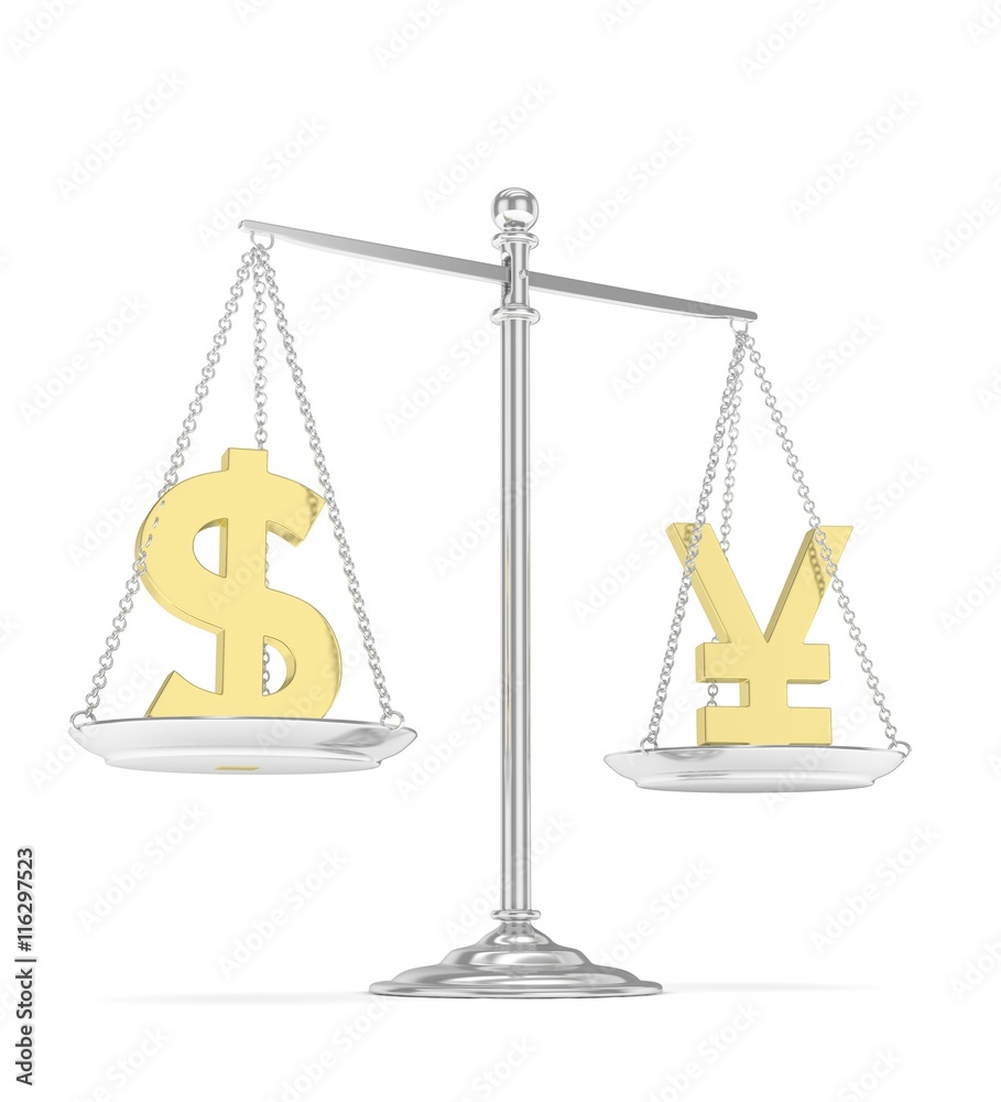 Isolated old fashioned pan scale with dollar and yuan,yen on white background. American and chinese and japanese currency. Currency equality. 3D rendering. Isolated old fashioned pan scale with dollar and yuan,yen on white background. American and chinese and japanese currency. Currency equality. 3D rendering.