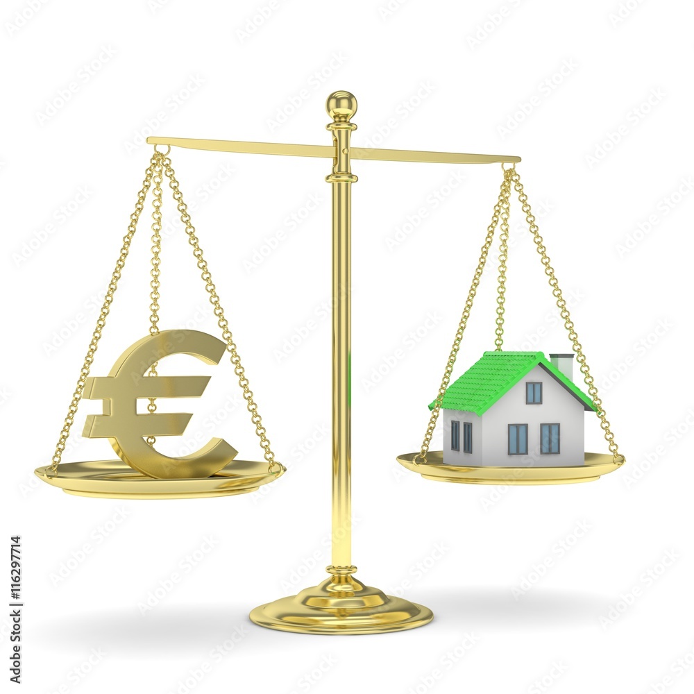 Isolated golden scales with golden euro and house on white background. Investment or savings concept. Real estate and currency. 3D rendering. Isolated golden scales with golden euro and house on white background. Investment or savings concept. Real estate and currency. 3D rendering.