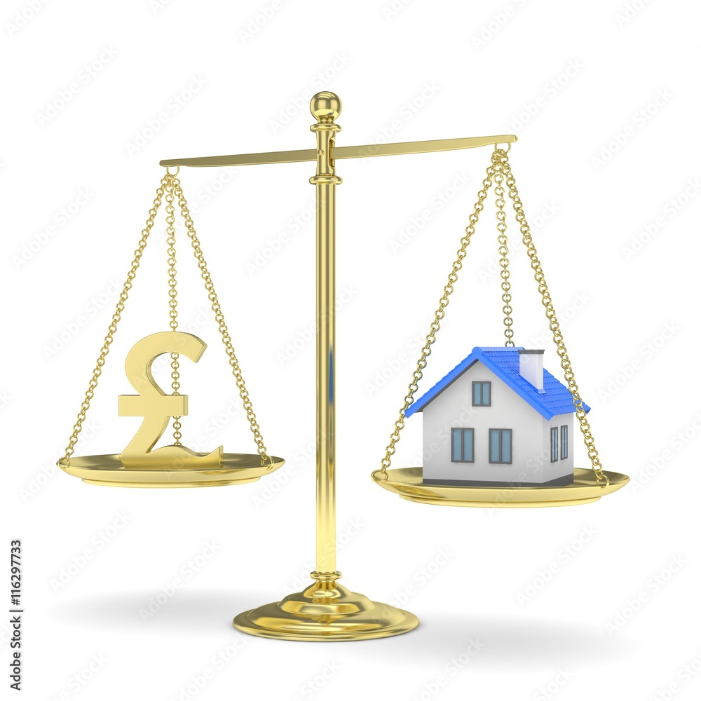 Isolated golden scales with golden pound and house on white background. Investment or savings concept. Real estate and currency. 3D rendering. Isolated golden scales with golden pound and house on white background. Investment or savings concept. Real estate and currency. 3D rendering.