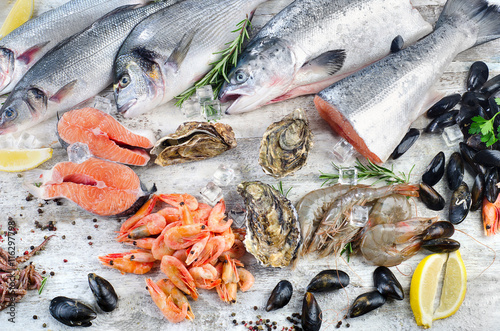 Fresh fish and seafood with aromatic herbs