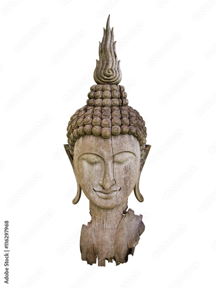 Ancient cracked and burned wooden Buddha statue head isolate on white background with clipping path Ancient cracked and burned wooden Buddha statue head isolate on white background with clipping path
