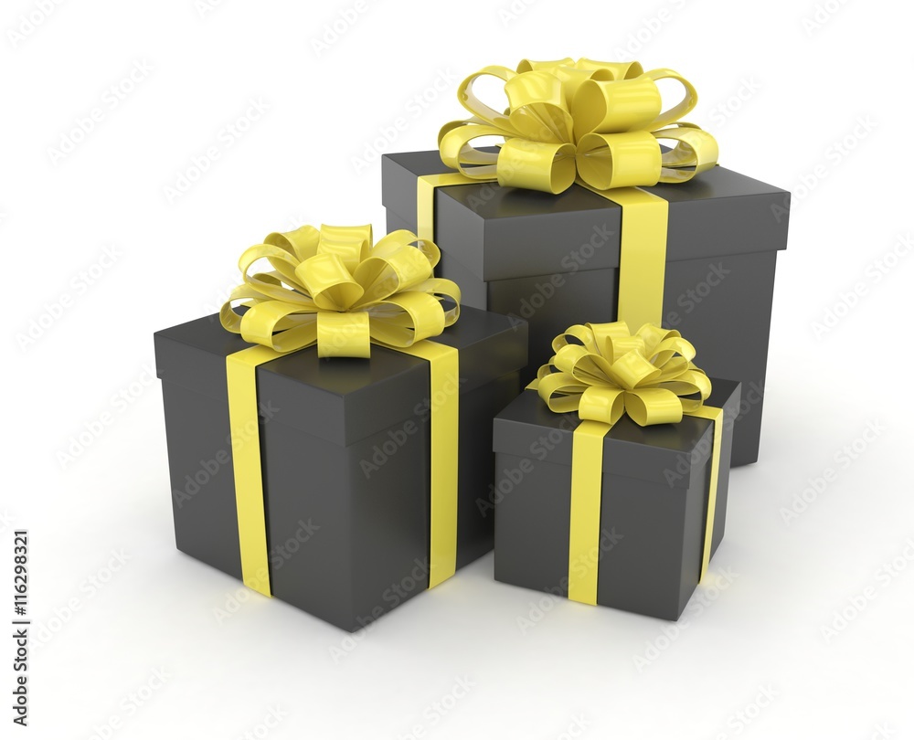 three gift boxes with bows isolated on white. 3d rendering. three gift boxes with bows isolated on white. 3d rendering.