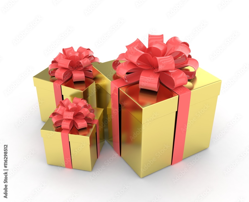 Obraz premium three gift boxes with bows isolated on white. 3d rendering.