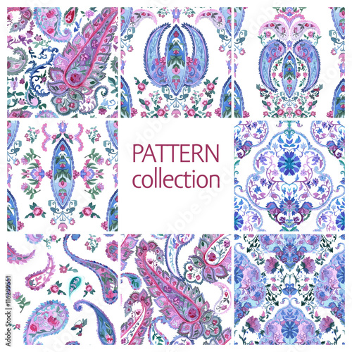 Paisley Indian or turkish persian seamless pattern set.