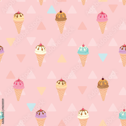 Vector seamless pattern of ice-cream cone sundae menu on pink pastel colors background.