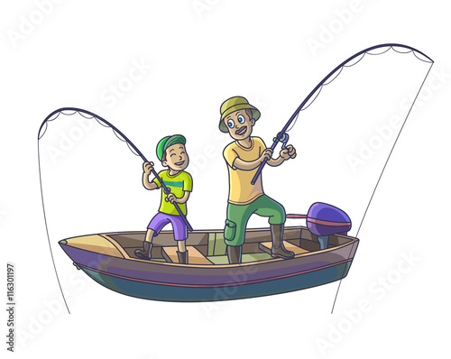 Father with his son are fishing with boat.