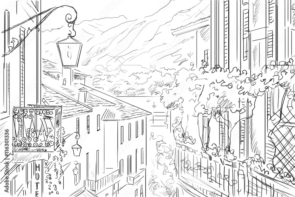 Drawing to the greek town -  sketch illustration