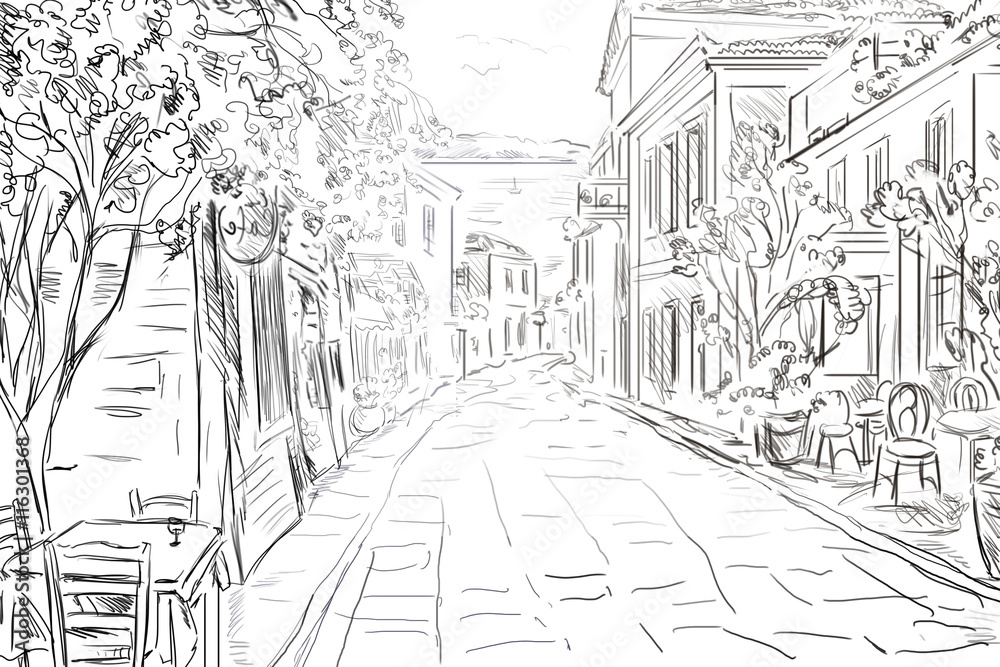 Fototapeta premium Drawing to the greek town - sketch illustration