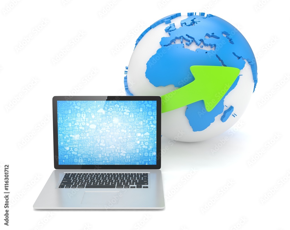 Laptop network and earth globe. 3d render Laptop network and earth globe. 3d render