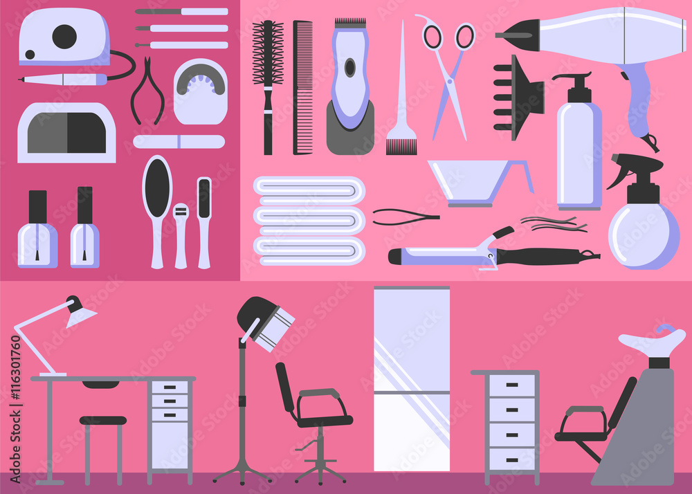 Set of hairdressing and manicure tools. Accessories and furniture for a beauty salon. Flat design icons. Vector illustration. Set of hairdressing and manicure tools. Accessories and furniture for a beauty salon. Flat design icons. Vector illustration.
