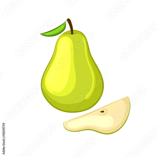 Green pear with leaf and sliced a piece. Isolated object on a white background. Cartoon icon. Vector illustration.