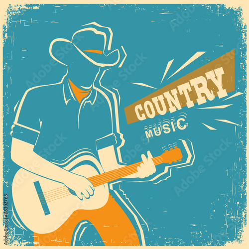 Country music festival with musician playing guitar on old vinta