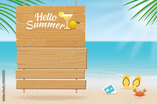 summer wooden sign on tropical beach background