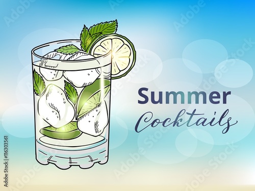  Hand drawn mojito cocktail on a blurred background