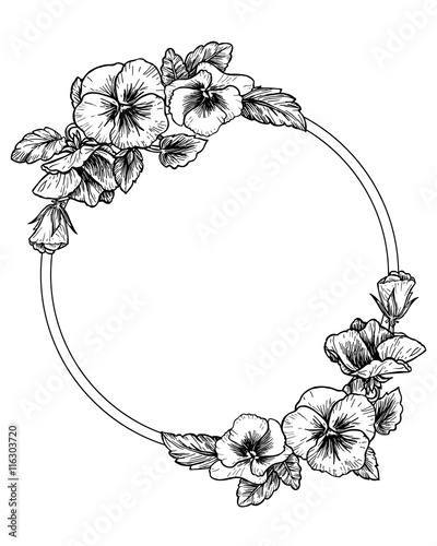 Frame with hand drawn pansy flowers