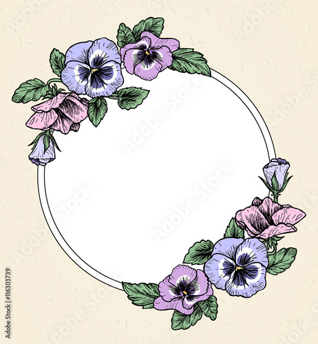 Frame with hand drawn pansy flowers