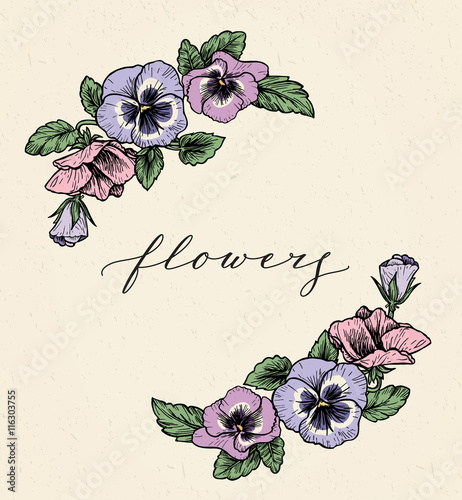 Frame with hand drawn pansy flowers