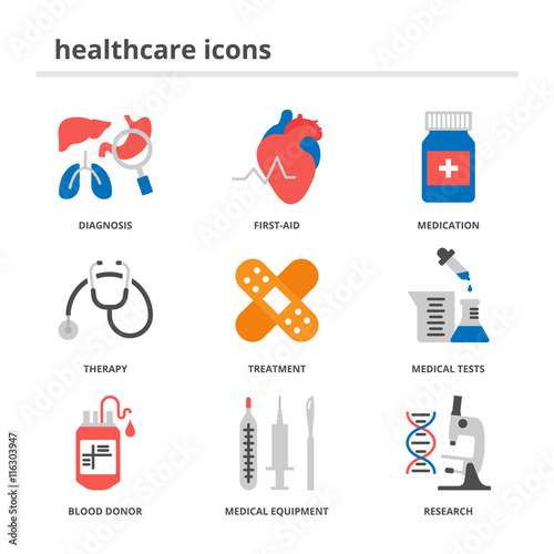 Healthcare and medical vector icons set, flat style