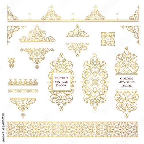 Vector set of line art frames and borders for design template. Element in Eastern style. Golden outline floral frames. Mono line decor for invitations, greeting cards, certificate, thank you message.