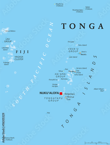 Tonga political map with capital Nukualofa. Kingdom, sovereign state and archipelago in Polynesia with the main island Tongatapu. Known as the Friendly Island. English labeling. Illustration. photo