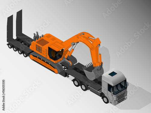 Vector isometric illustration of a truck with a trailer for transportation of oversized cargo. Equipment for cargo delivery.