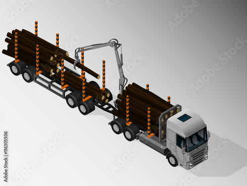 Vector isometric illustration of timber truck. Equipment for cargo delivery.