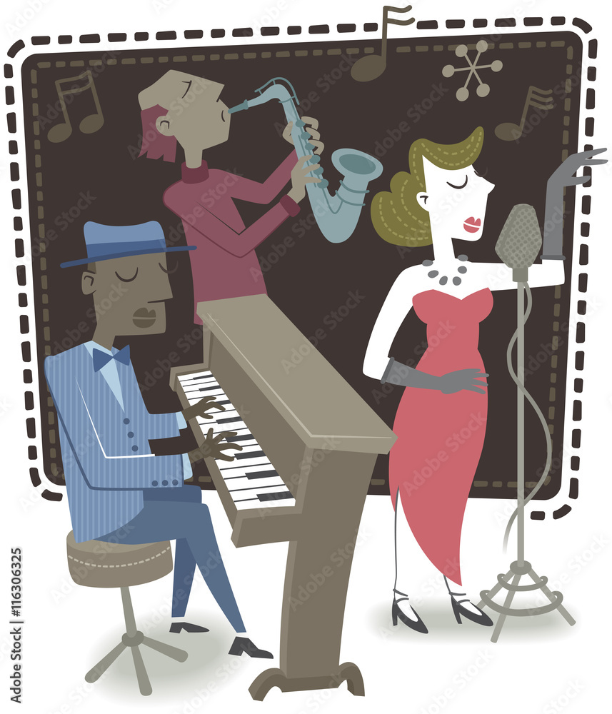 Naklejka premium Brass band with a female singer. Retro style illustration of several musicians playing their instruments accompanying a female singer.