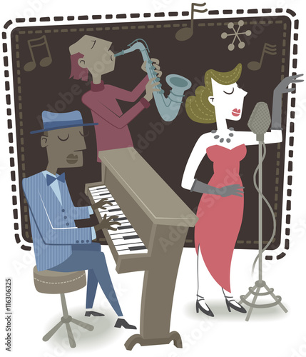 Brass band with a female singer. Retro style illustration of several musicians playing their instruments accompanying a female singer.