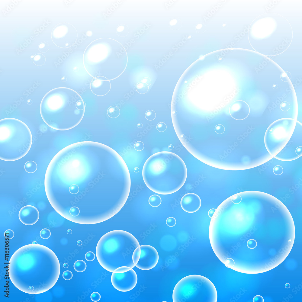 Bubbles in water. Circle and liquid, light design, clear soapy shiny, vector illustration. 