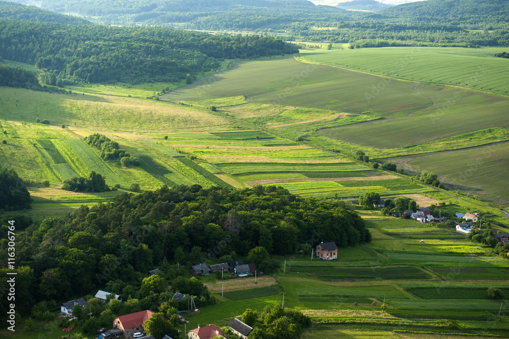 Fototapeta premium Aerial view on green and yellow parts of fields and countryside