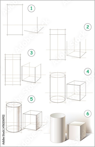 Page shows how to learn step by step to draw a still life with cylinder and cube. Developing children skills for drawing and coloring. Vector image.