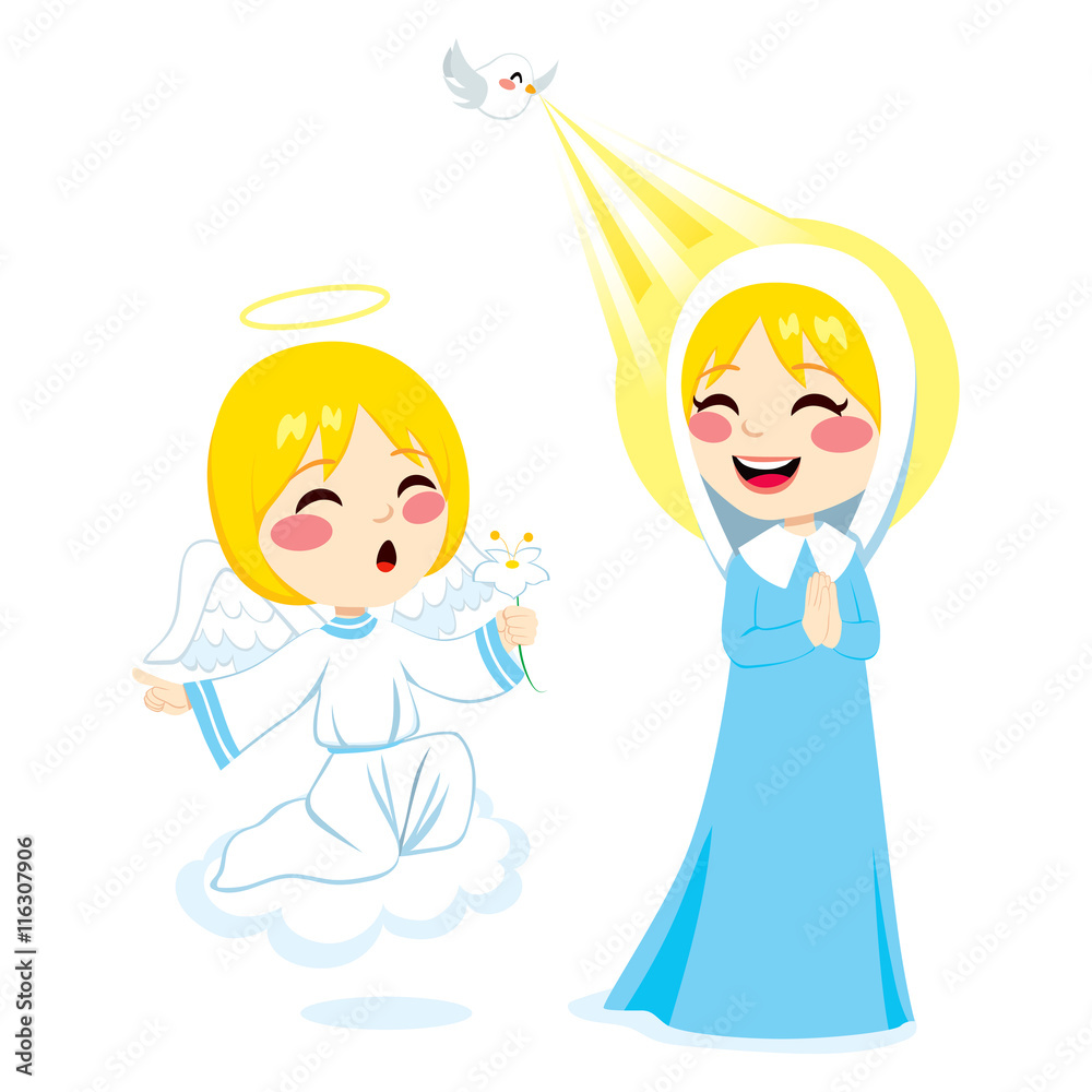 Little angel Gabriel announcing the birth of Jesus to Virgin Mary holding  white flower Stock Vector | Adobe Stock
