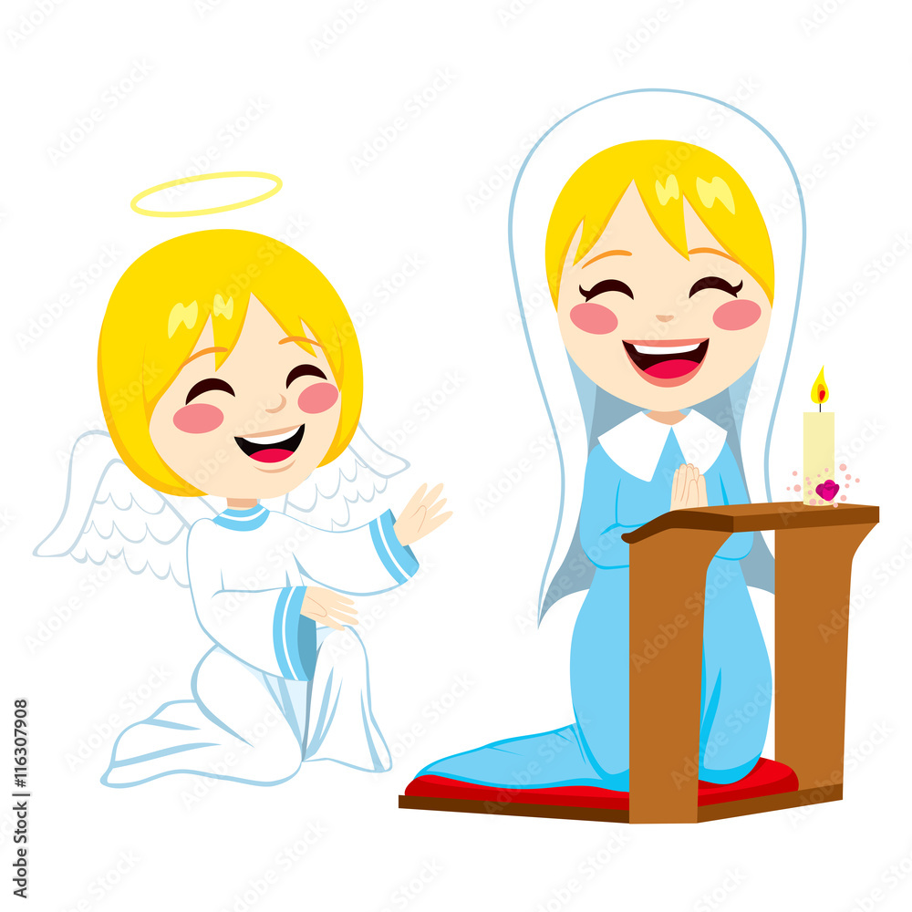 Mary praying happy and angel Gabriel bringing good news about Jesus birth Mary praying happy and angel Gabriel bringing good news about Jesus birth