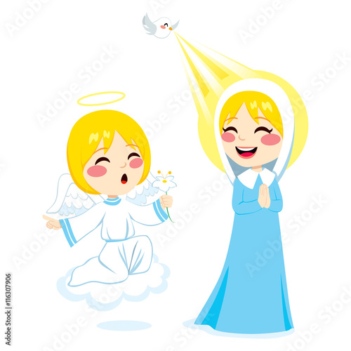 Little angel Gabriel announcing the birth of Jesus to Virgin Mary holding white flower