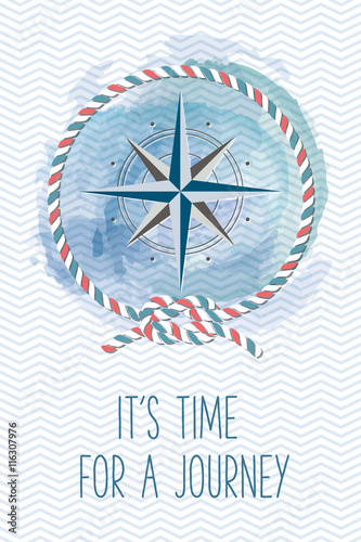 Sea card with compass, rope, knot. Vintage vector marine illustration. Summer holidays card with sea design elements. It's time for a journey.