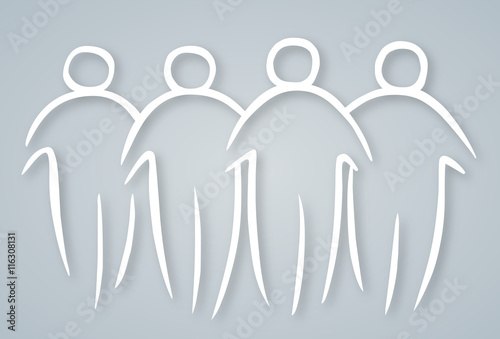 Abstrakt gezeichnete Gruppe aus vier wohlbeleibten Menschen / weiß auf blaugrau / handgezeichnet, Vektor, freigestellt