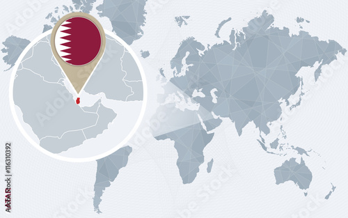 Abstract blue world map with magnified Qatar.