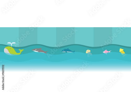 Cartoon animals swimming in the sea. Colors background with shark, dolphin, fish, whale. Abstract design exotic bohemian style. Environment for earth day. 